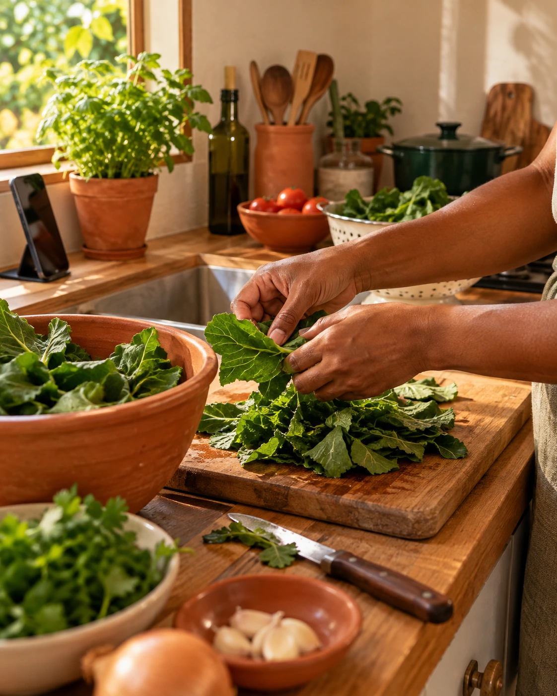 Mãos preparando verduras numa cozinha, com um celular próximo. Cena ilustrativa.